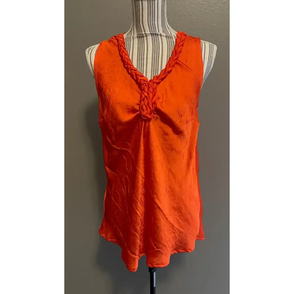 Rafaella Orange Satin Braided Neck Sleeveless Blouse Size M - Picture 2 of 8